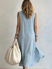 Linhara CURVE Modisches lässiges lockeres hellblaues Kleid mit Bindeband am Ausschnitt, ärmellos, große Größen - Babyblau - Übersicht 2