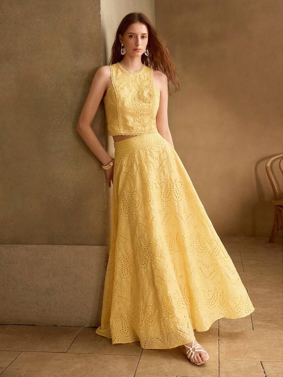 MOTF PREMIUM Setelan Dua Potong Wanita Warna Kuning Gaya Liburan Pantai Romantis Lembut Musim Semi/Panas - Kuning - View 1