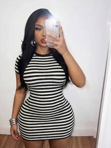 Slaydiva Spring Summer Music Festivals Easter St. Patrick's Day Western Sexy Style Graduation Ceremony Preppy Black And White Striped Bodycon Mini Dress - Multicolor - View 7
