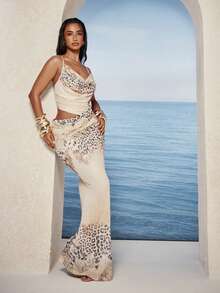 KIZN Animal Leopard Print Cowl Neck Drape Maxi Dress With Cut-Out Waist Detail And Spaghetti Straps Summer Evening - Multicolor - View 1