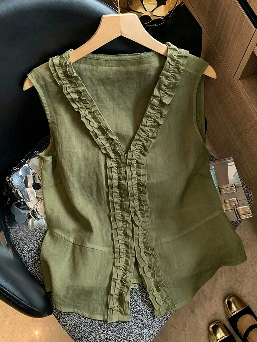 SHEIN Franclia 女款荷葉邊飾V領亞麻感無袖上衣背心,夏季優雅休閒通勤度假風 - 軍綠色 - 查看 1