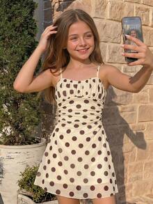 SHEIN Kids Tween Girl Elegant Brown And White Polka Dot,Summer,Cute,Vacation Off Shoulder Lantern Hem Ruched Fitted Party Dress,Exaggerated Ruffle Ivory - Apricot - View 8