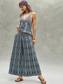 Bohemela Vintage Mixed Yarn Knitted Sweater & Pants Set - Blue and White - View 2