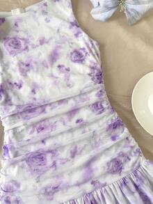 SHEIN Tween Girl Casual Elegant French Floral Ruffle 3D Flower Decor Ruched Asymmetrical Round Neck Sleeveless Fitted Short Dress, Sweet Dress, Spring Outing, Daily Street Wear - Mauve Purple - View 6