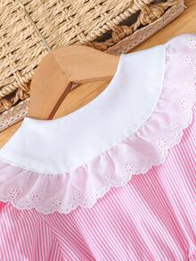 SHEIN Genkimix Kids 女童粉色條紋刺繡蕾絲飾邊彼得潘領短袖A字洋裝 返校季夏季秋季 - 粉色 - 查看 7