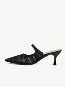 CUCCOO CHICEST Black Lace Pointed Mullers, Hollow Mesh Kitten And Slippers, Workplace Dating Party Slim High Heels - Black - View 10