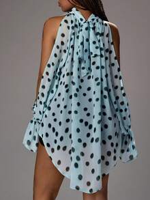 Rustia Plus Size Women's Vintage Elegant Halter Neck Blouse, Classic Shirt, Long Lantern Sleeve, Polka Dot Shirt, Asymmetric Shirt, Slit Sleeve Design, Bow Tie Back, Asymmetric Chiffon Blouse, Suitable For Evening, Party, Date, Daily Wear, Back To School, Office, Wedding Guest, Spring/Summer/Autumn - Multicolor - View 2