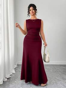 Elenzga Women's Elegant Dress, Sleeveless Round Neck A-Line Silhouette, Ruched Waist Design, Solid Color Knit Fabric - Red - View 5