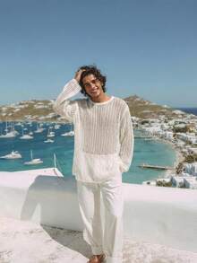 Ironwick Men Solid Open Knit Top Round Neck Long Sleeve Pullover Plain White Sweater For Boyfriend Gift, Fall - White - View 3
