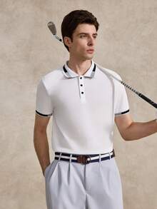 Courvante Men Striped Trim Collar Polo Shirt, For Work Your Tennis And Golf Boyfriend - White - View 5