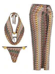 Swim Oasis Women's 2026 Spring/Summer Faux Crochet Shell Metal Decor Draped Neck Backless Lace-Up Triangle Bikini Bottom Long Skirt 3 Pieces Set Beach Sage Green - Multicolor - View 4