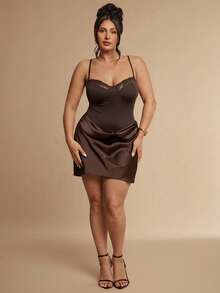 SHEIN BAE CURVE Plus Size Women's Lace Trim Sexy Date Party Spaghetti Strap Dress, Summer Outfits, Independence Day, 4th Of July, Elegant - Brown - View 3
