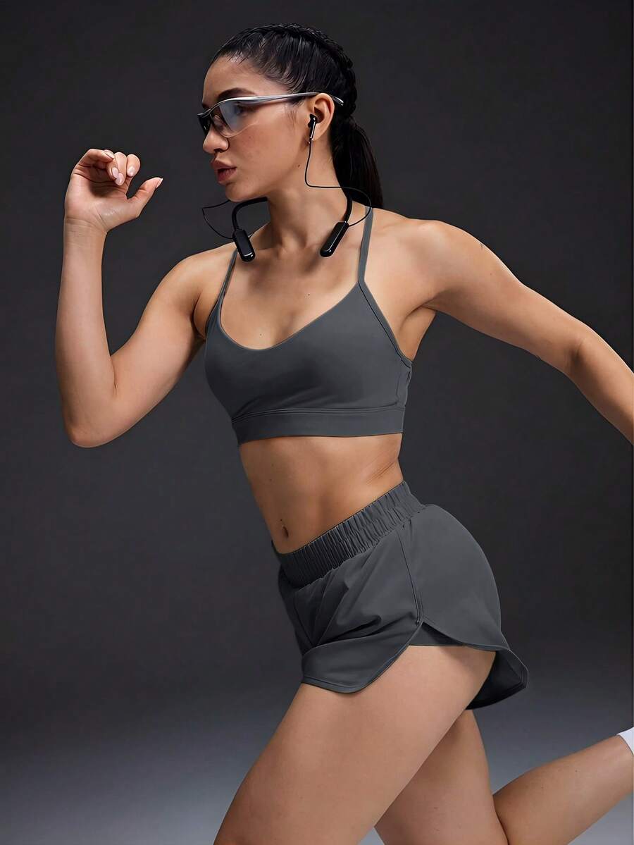 Powerista 女款素色細肩帶內衣與短褲休閒日常運動套裝 - 灰色 - 查看 1