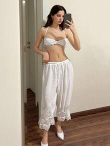 Sweetina Women Summer Hawaii Beach Vacation Going Out Bloomers White Linen Pants Romantic - White - View 4