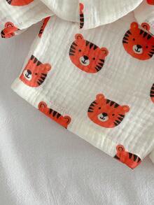 Loomiva Baby Boy Contrast Color Little Tiger Cartoon Pattern Round Neck Short Sleeve Button-Up Top And Elastic Waist Shorts 2-Piece Set - Apricot - View 6
