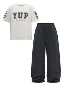 SHEIN Casuvi Kids 青少年男孩字母印花T恤與長褲兩件套 - 灰色 - 查看 3
