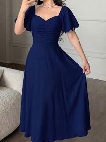 Vestido elegante y romántico de manga corta, cintura recogida y plisado en A, de longitud media, en color amarillo tejido, para primavera/verano - Azul marino - Ver 4