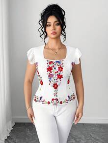 SHEIN Clasi Plus Size Women Floral Print Ruffle Collar Short Sleeve Blouse, Vacation White Summer Boho - Multicolor - View 1