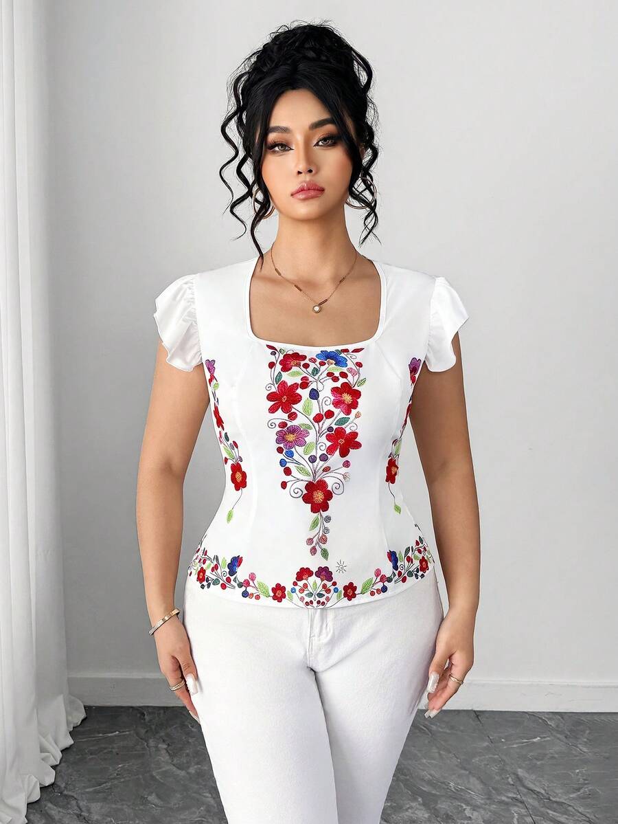 SHEIN Clasi Plus Size Women Floral Print Ruffle Collar Short Sleeve Blouse, Vacation White Summer Boho - Multicolor - View 1