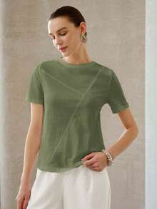 MOTF PREMIUM Camiseta de manga corta con cuello redondo de unicolor versátil para mujer de verano - Verde - Ver 4
