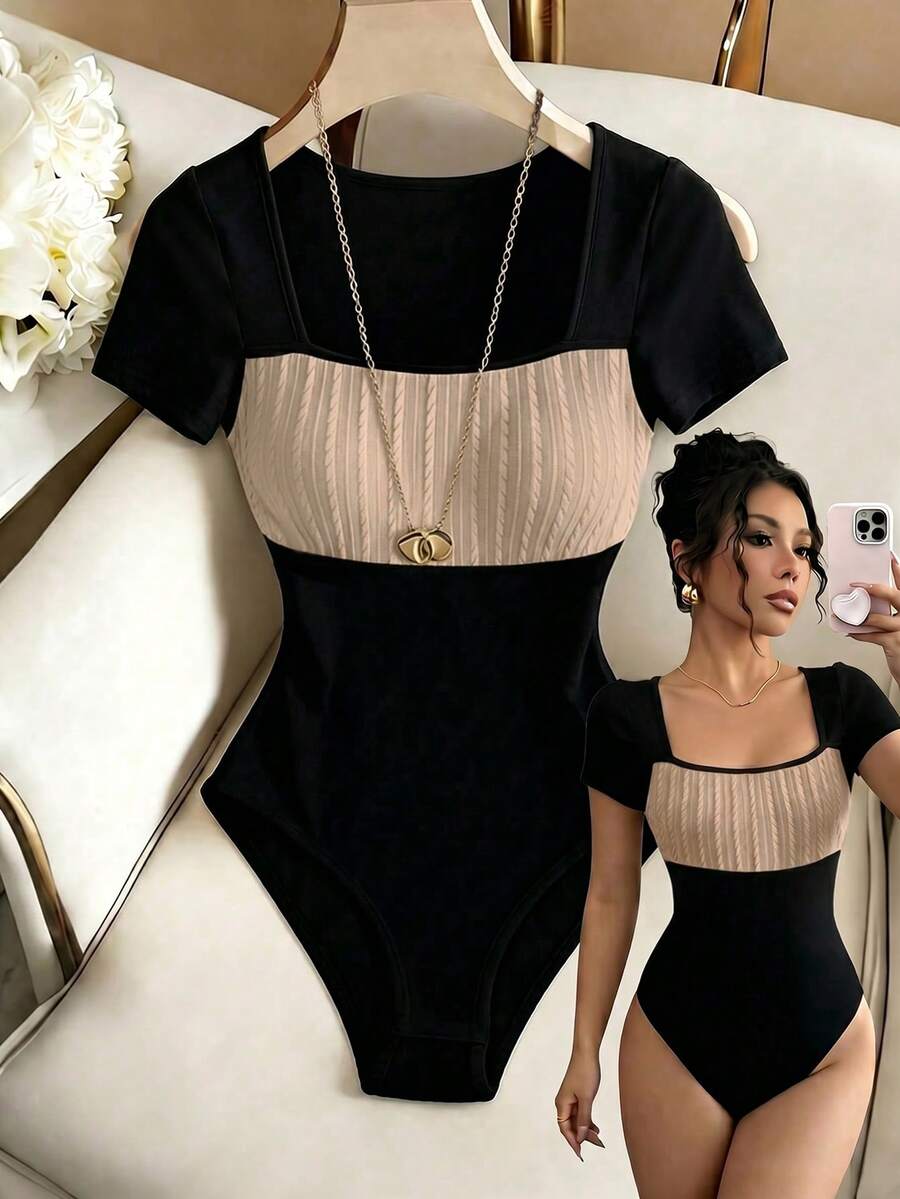 Selianne Women's Summer Casual Elegant Commuting Colorblock Textured Fabric Square Neck Bodysuit Night Out Black - Black - View 1