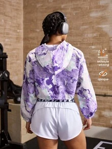 Powerista All-Over Print Hooded Zip-Up Long Sleeve Sports Jacket Purple Going Out Workout Purple Spring Autumn Tie-Dye Printed Exercise, Fitness, Running Summer Autumn All Season Gym Daily Wear - Purple - View 10