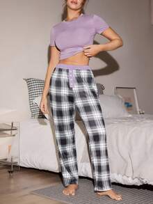 Lowkey Lull 女士两件套圆领上衣和格子裤家居服套装 - 紫色 - 查看 4