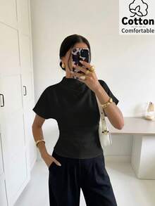 Firerie 夏季抓皺領不對稱袖側腰收腰顯瘦通勤杏色粗麻布女款襯衫，四季皆宜 - 黑色 - 查看 4