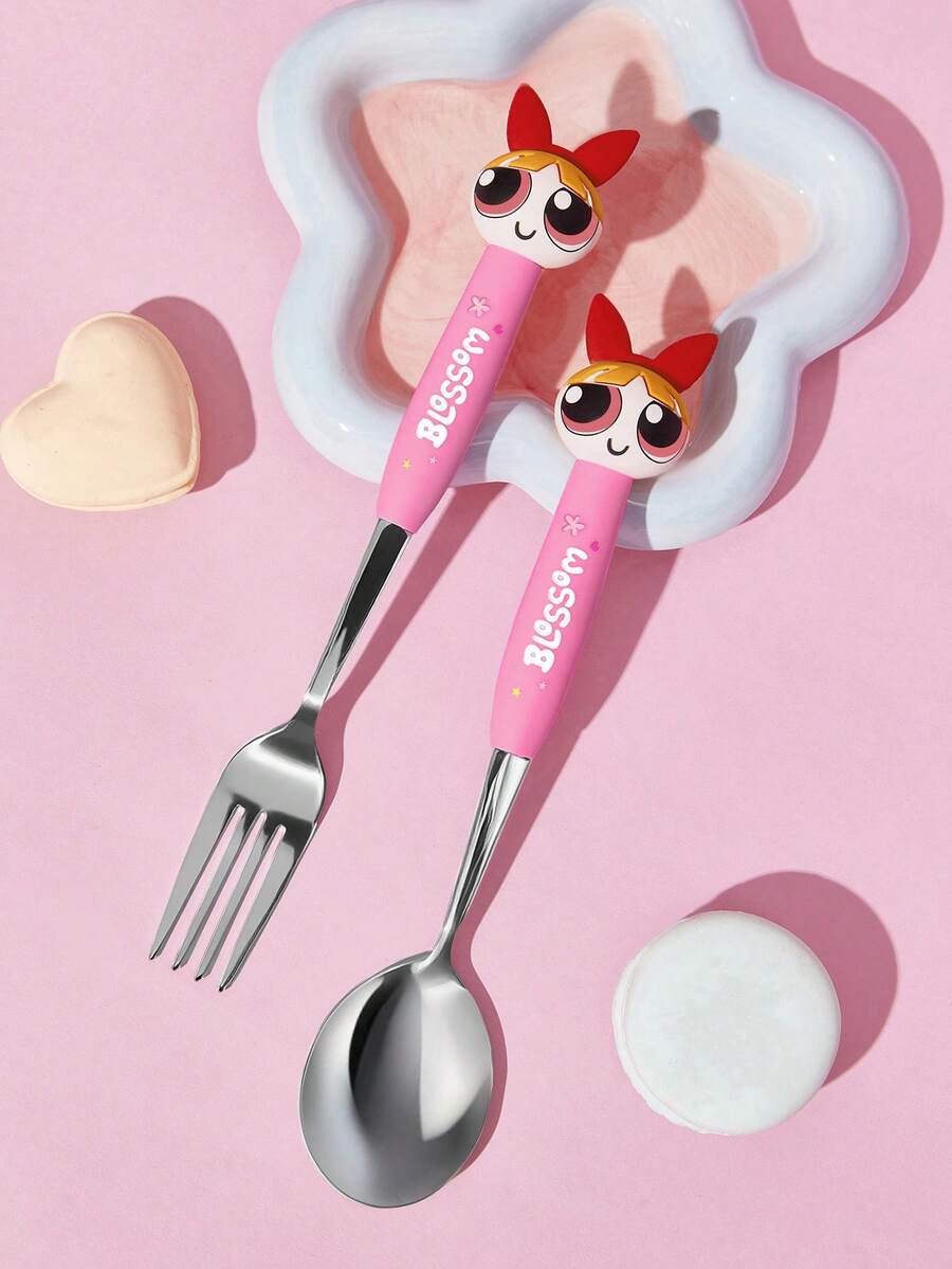 THE POWERPUFF GIRLS X SHEIN 可愛卡通愛心造型銀色 2 件組餐叉匙套組 餐具 情人節 - 粉色 - 查看 1
