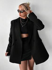 SHEIN 大尺碼純色棕色缺口領雙排扣寬鬆休閒西裝外套 - 黑色 - 查看 3