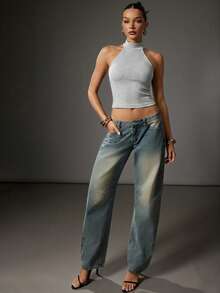 Hauture Women's Solid Color Halter Neck Slim Fit Versatile Daily Outing Top - Grey - View 4