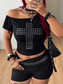 Coolane 夏季女款大尺碼街頭風 Grunge 哥德復古 Y2K 龐克風 黑色不對稱領貼身短袖 T恤，飾有孔眼與金屬環扣 - 黑色 - 查看 6