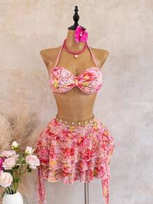 Zestiva Summer Beach Vacation Women's Pink And Orange Tropical Ditsy Floral Braided Bandeau Top And Layered Ruffle Hem Skirt Bikini Set - Multicolor - View 2