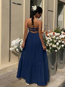 MainGRL Bohemian Navy Blue Strapless Dress, Spring/Summer - Navy Blue - View 6