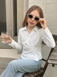 SHEIN Kids Tween Girls' Elegant All White Winter Casual Graduation Back-To-School Lapel Button Front Asymmetric Hem Ruched Blouse Top Fitted Shirt - White - View 8