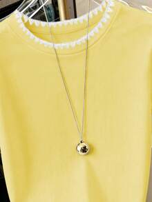 SHEIN Women's Fashion Versatile Shell Embroidery Contrast Color Round Neck Short Sleeve T-Shirt - Yellow - View 4