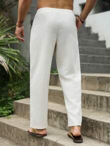 VENTUSAIL Men's Solid Color Drawstring Waist Pocket Casual Linen Long Pants - Beige - View 2