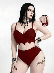 ROMWE 2026 New Gothic Goth Punk Plus Size Women's Bat Wave Edge Design One-Piece Swimwear Set Beach Summer - Burgundy - View 1