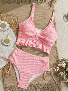 Swim Vcay Women's Solid Color Textured Fabric Sweet Ruffle Drawstring Ruched High Waist Tank Bikini Top - Pink - View 3