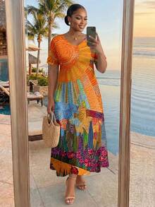 SHEIN Lady CURVE Plus Size Women Casual Minimalist V-Neck Short Sleeve Dress, Suitable For Summer Elegant Vacation - Orange - View 1