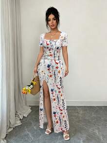 Vestido de verano de manga corta para mujer, vestido de vacaciones con estampado digital, vestido de playa y vacaciones con bajo con abertura, vestido largo con fruncido en la cint - Blanco - Ver 5