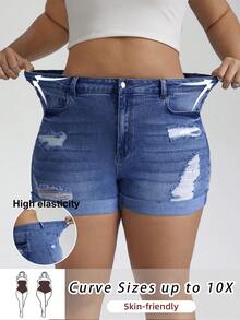 SHEIN CURVE+ Plus Size Summer Casual Washed Distressed Slim Fit Denim Shorts - Dark Wash - View 1