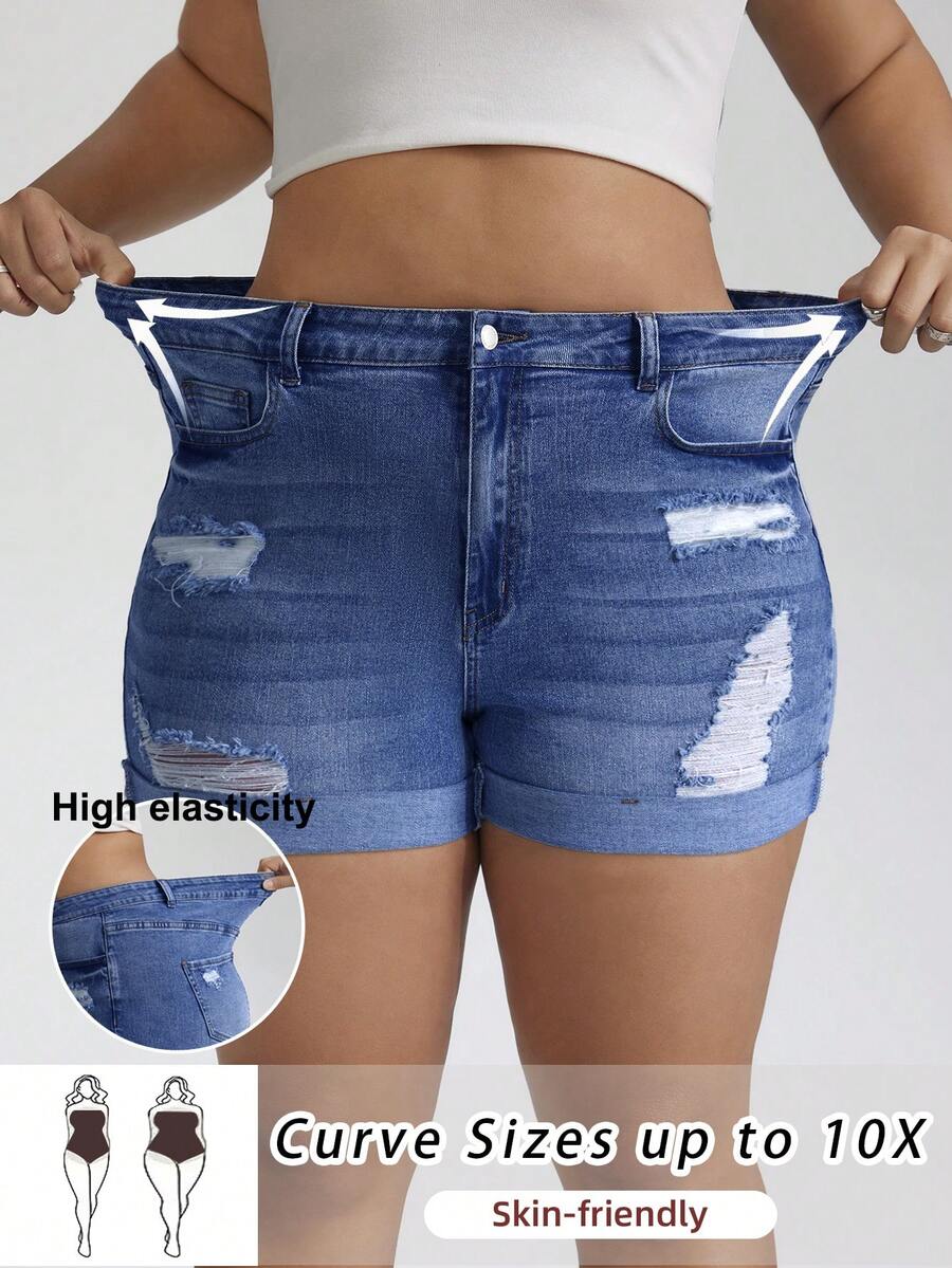 SHEIN CURVE+ Plus Size Summer Casual Washed Distressed Slim Fit Denim Shorts - Dark Wash - View 1