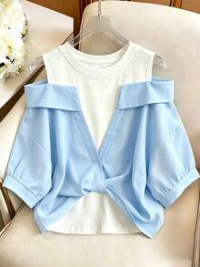 GlowEve 女款 2 合 1 刺繡露肩上衣，夏季度假款 - 淺藍色 - View 2