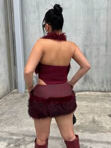 Dayanna Comas Y2K Amplova 酒紅色毛絨掛脖性感連身衣 派對穿搭 波爾多紅連身衣 紅色連身衣 人造毛皮女款連身衣 夏季 - 酒紅色 - 查看 3
