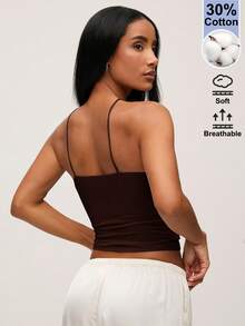 SHEIN BASICS 女款夏季休閒純色露背掛脖上衣 - 咖啡棕 - 查看 3