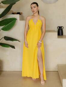 Andrea Bello Beach New Spring And Summer Casual Holiday Halter Neck Strapless Bust Dress,Vacation Outfits Women Elegant Party - Yellow - View 1