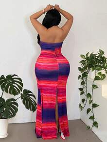 Maweii Vestido camisola de mujer talla grande con estampado degradado de puesta de sol y diseño calado, vestido maxi sirena ajustado con cintura ceñida, fruncido y abertura, estilo chica hot europeo & americano, deseo puro sexy, estilo de vacaciones, cita nocturna, vestido de fiesta, atuendo atmosférico, nueva llegada de verano - Morado - Ver 2