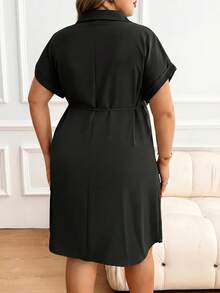 Plussiva 孕妇加大码简约基础款单排扣系带休闲连衣裙 - 黑色 - 查看 5
