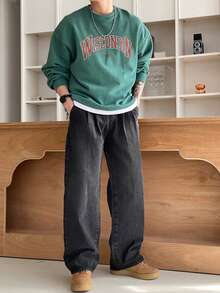 DAZY Autumn/Winter Thickened Letter Print Military Green Crew Neck Men's Pullover Sweatshirt - Green - View 6
